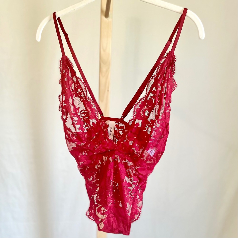 Auden Womens Floral Lace Deep V-Neck Bodysuit Dark Red XS NEW